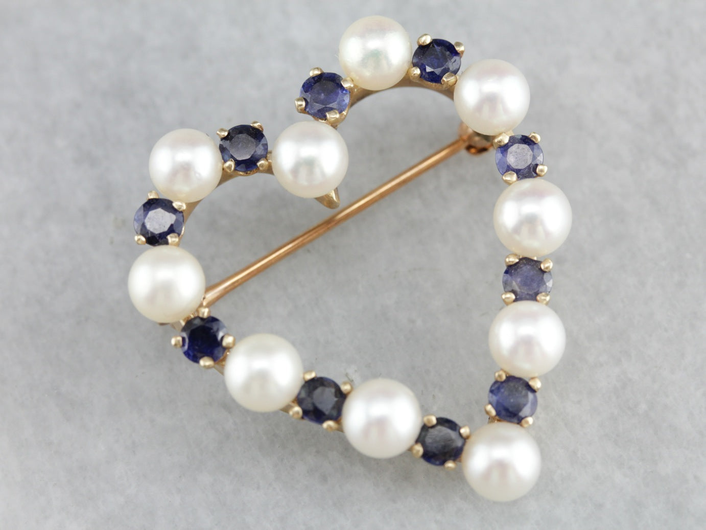 Pearl Sapphire Gold Heart Brooch