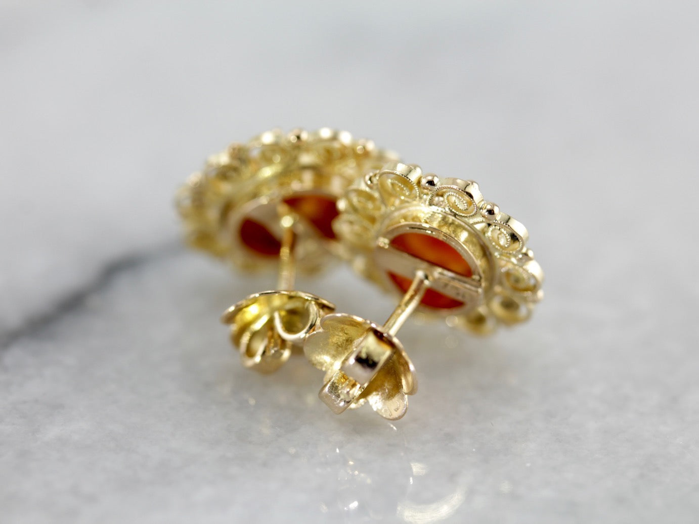 Mid Century Cameo Stud Earrings with Filigree Gold Frames