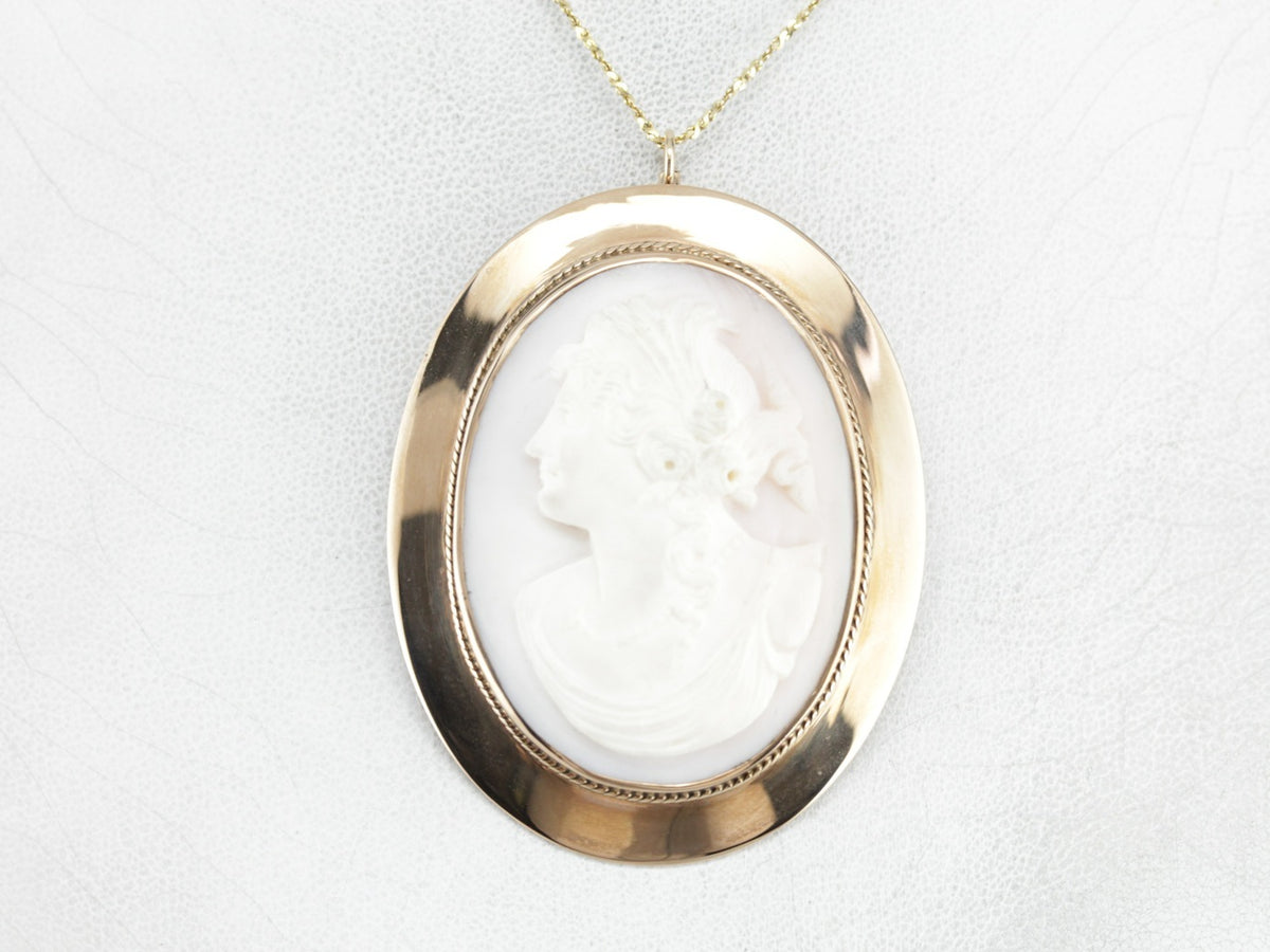 Colgante de broche de oro rosa con camafeo rosa antiguo