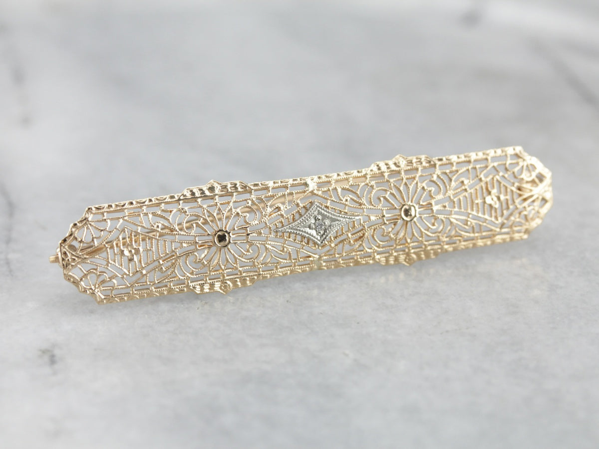 Art Deco Diamond Filigree Gold Bar Pin