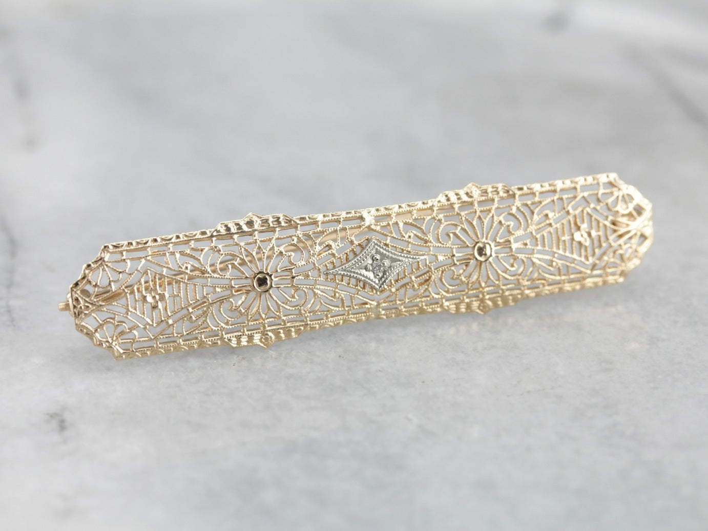 Art Deco Diamond Filigree Gold Bar Pin