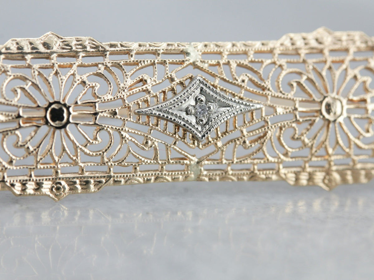 Art Deco Diamond Filigree Gold Bar Pin