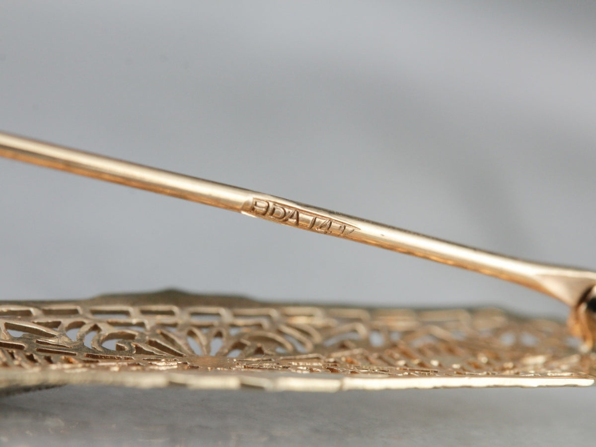 Art Deco Diamond Filigree Gold Bar Pin