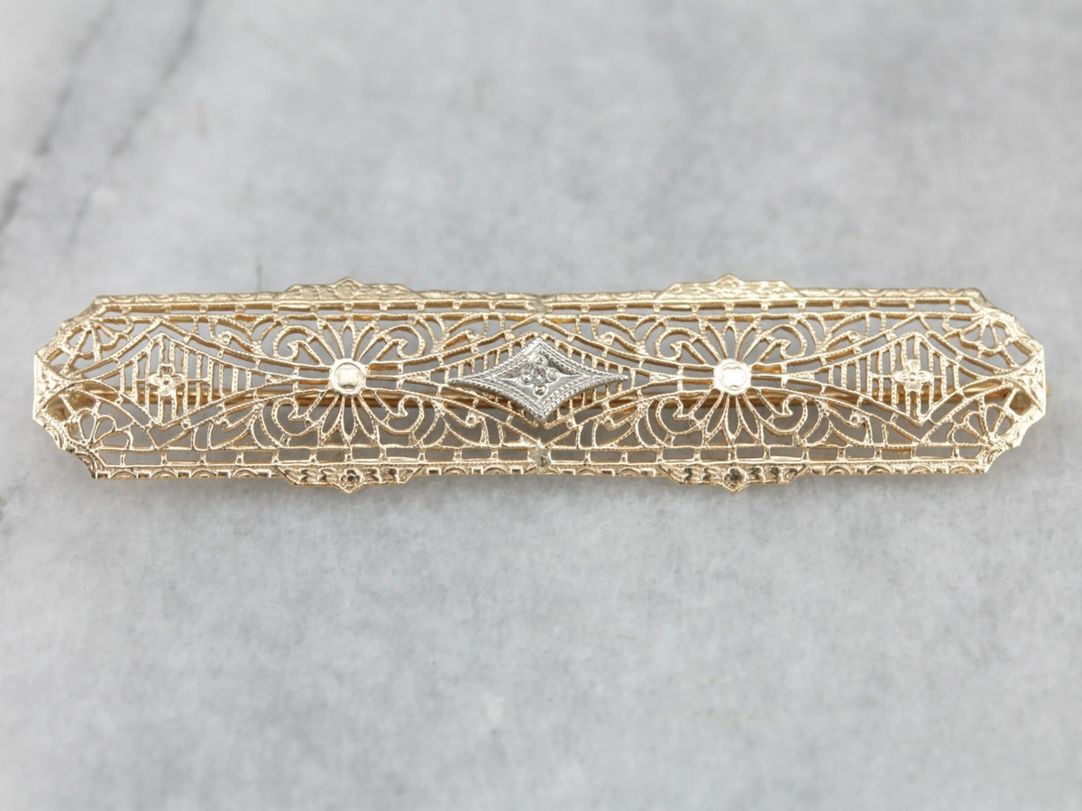 Art Deco Diamond Filigree Gold Bar Pin