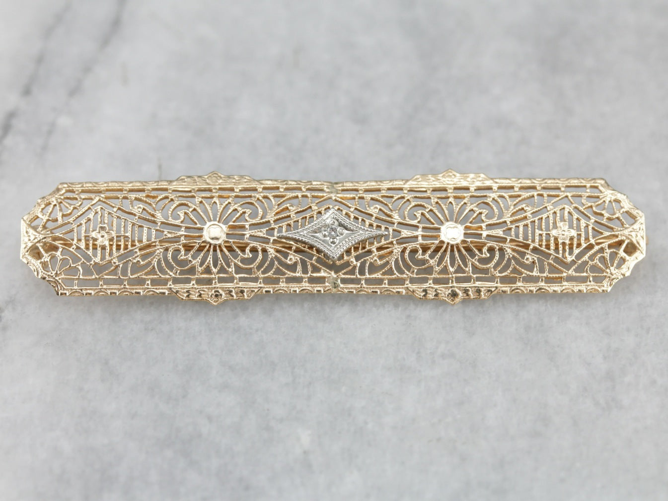 Art Deco Diamond Filigree Gold Bar Pin