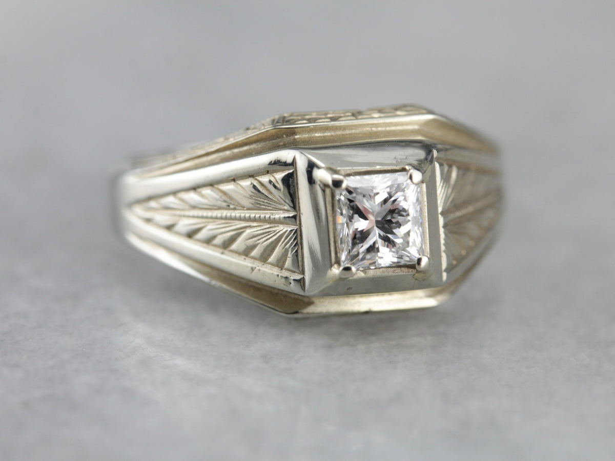 Men's Art Deco Etched Diamond Ring
