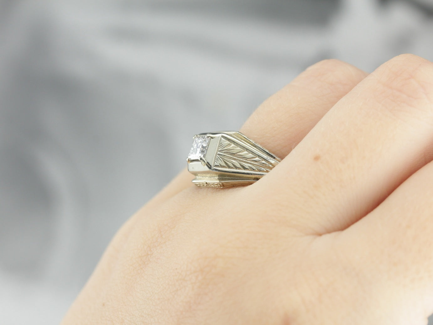 Men's Art Deco Etched Diamond Ring