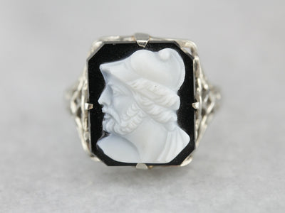 Black and White Stone Cameo in Art Deco Ladies Filigree Ring