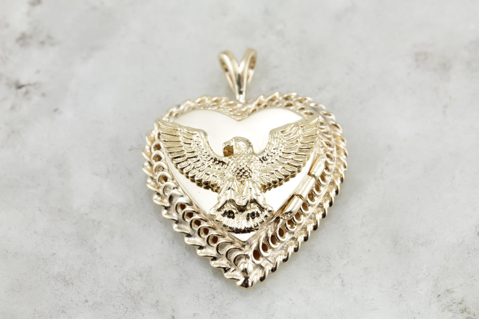Patriotic Pride: Eagle Mounted Heart Shaped Locket, Polished Gold Bold Statement Pendant