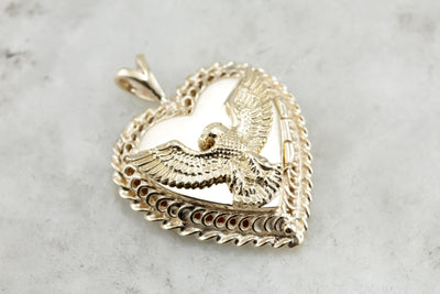Patriotic Pride: Eagle Mounted Heart Shaped Locket, Polished Gold Bold Statement Pendant