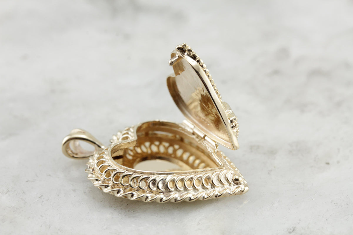 Patriotic Pride: Eagle Mounted Heart Shaped Locket, Polished Gold Bold Statement Pendant