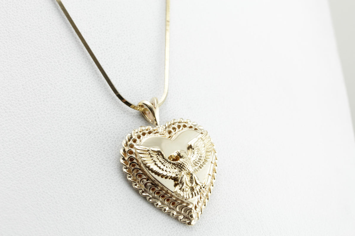 Patriotic Pride: Eagle Mounted Heart Shaped Locket, Polished Gold Bold Statement Pendant