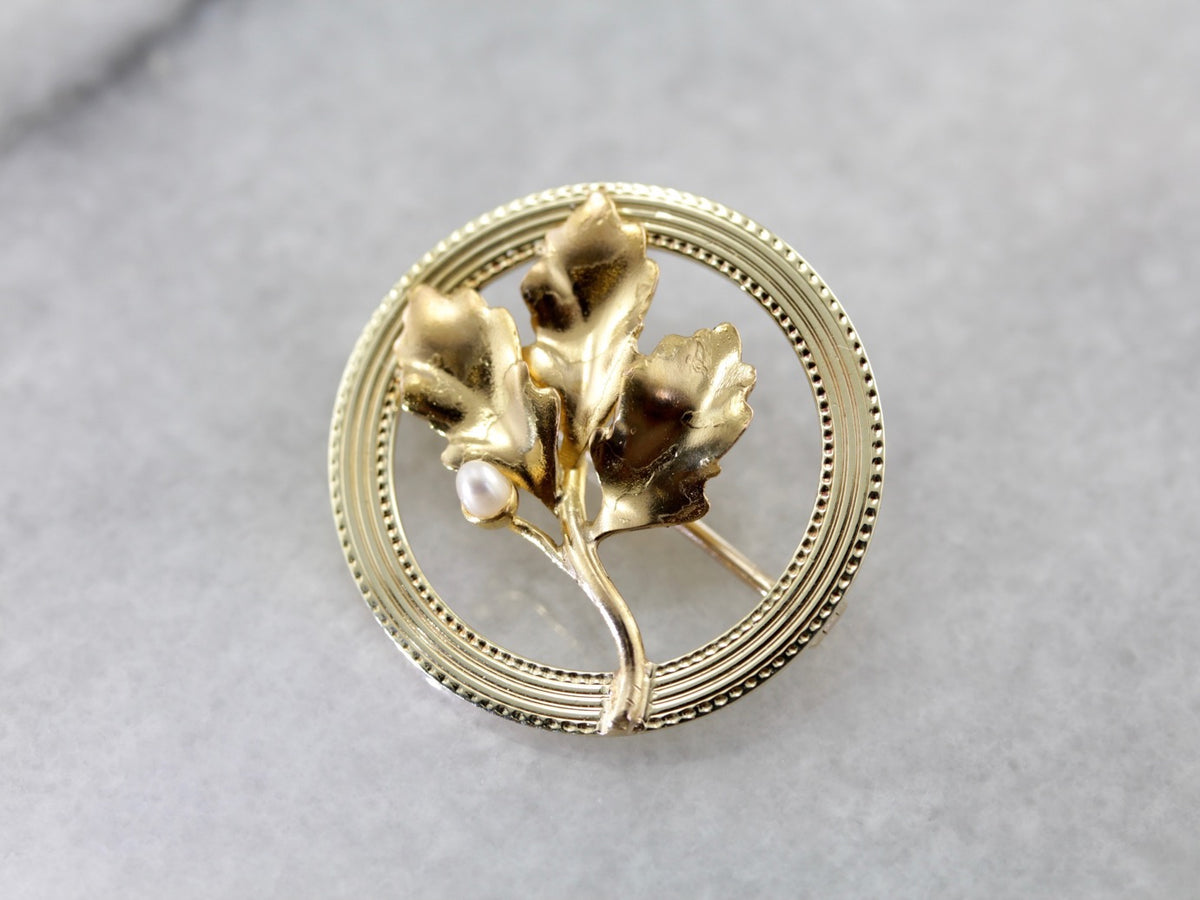 Circular Leaf Pin with Pearl Accent in Yellow Gold