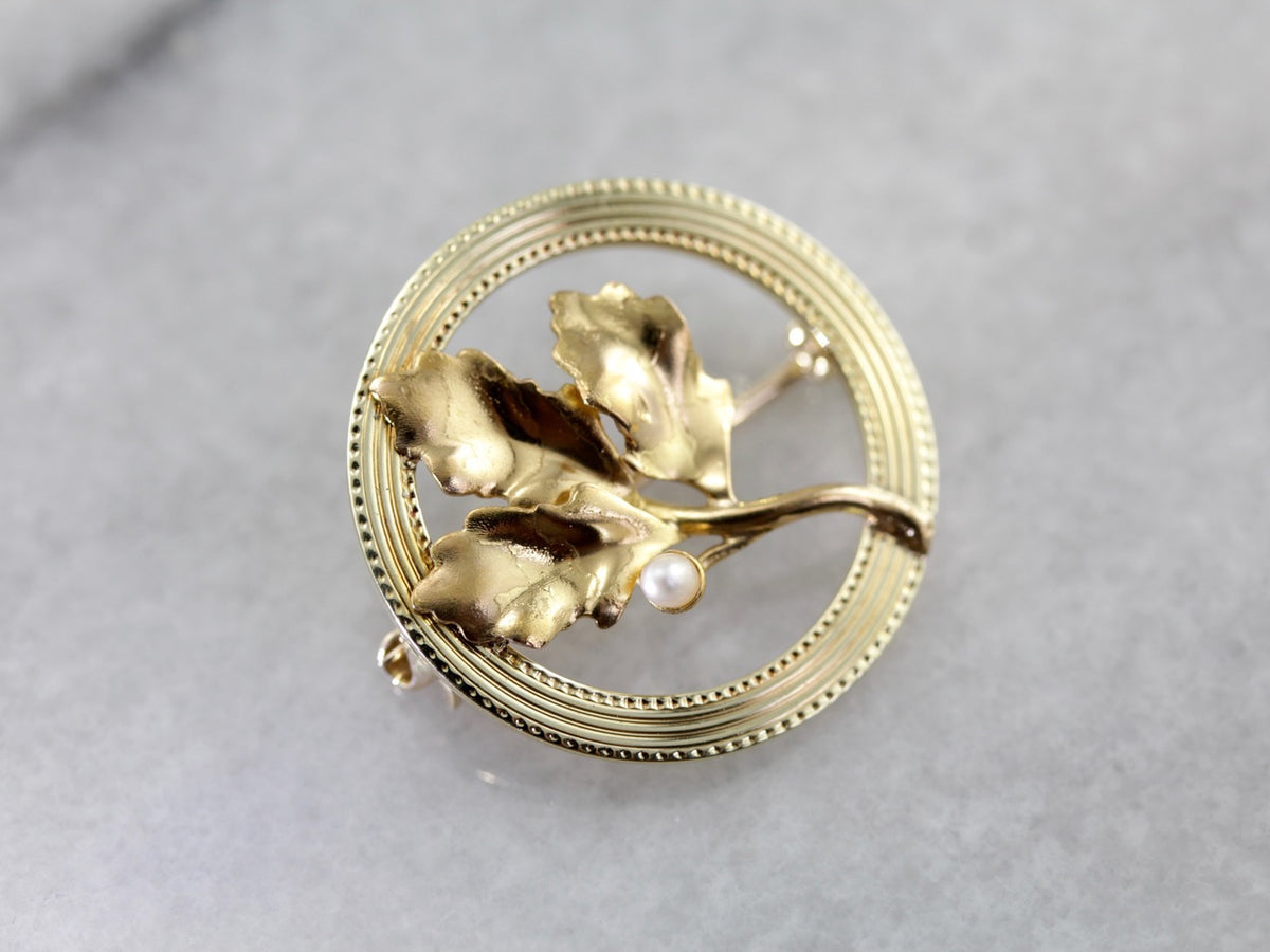Circular Leaf Pin with Pearl Accent in Yellow Gold