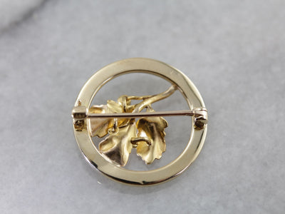 Circular Leaf Pin with Pearl Accent in Yellow Gold