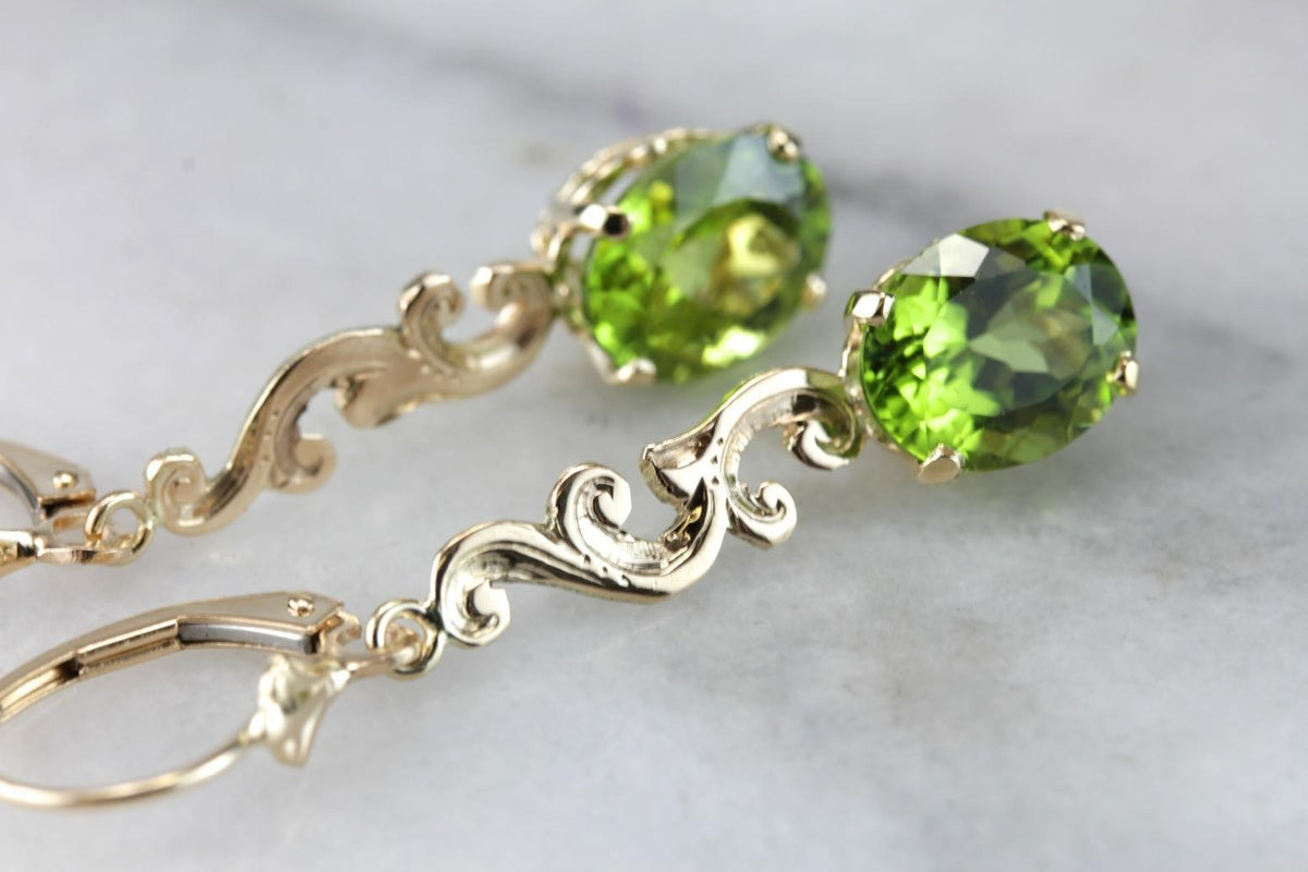 Scrolling Bright Green Peridot Drop Earrings