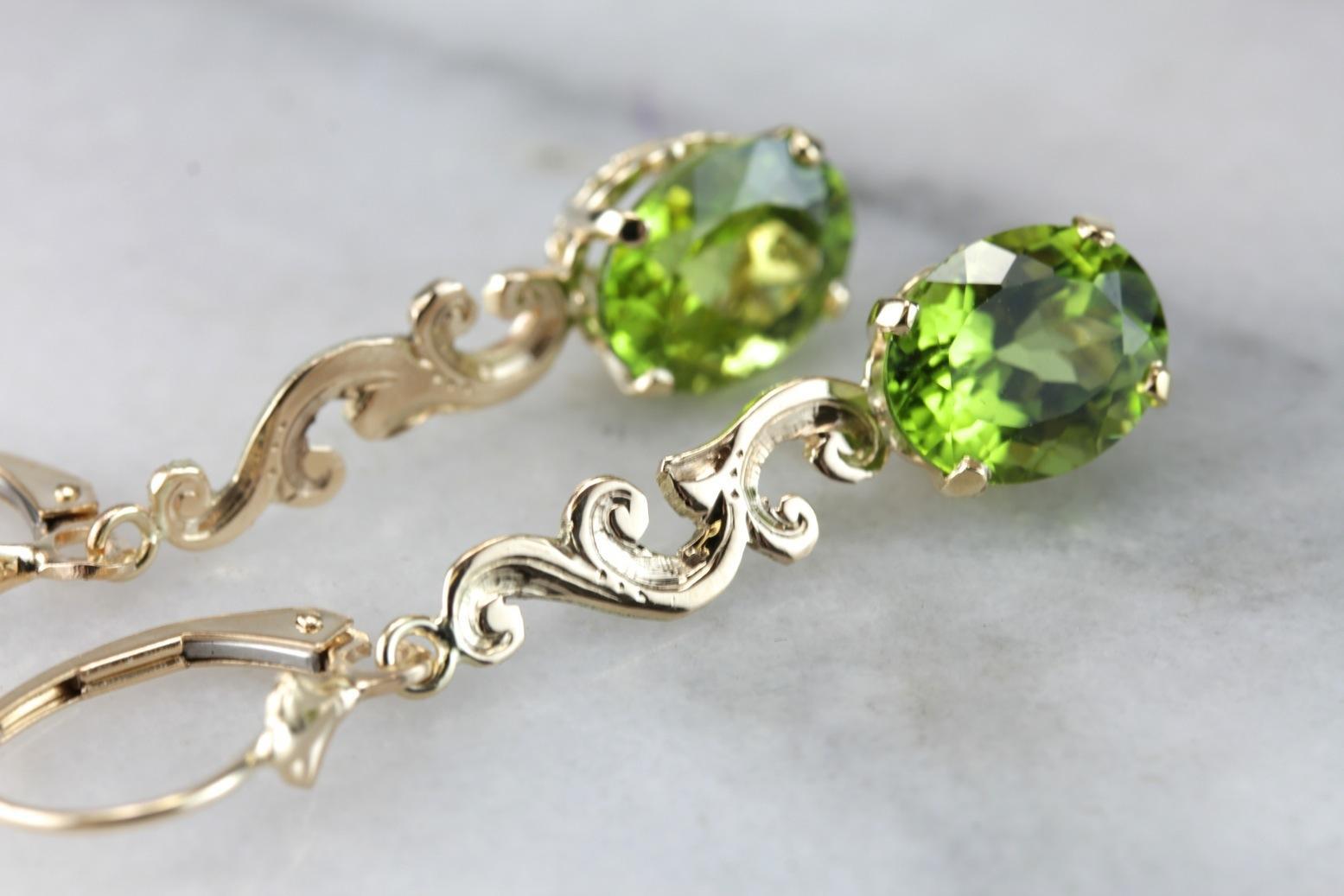 Scrolling Bright Green Peridot Drop Earrings