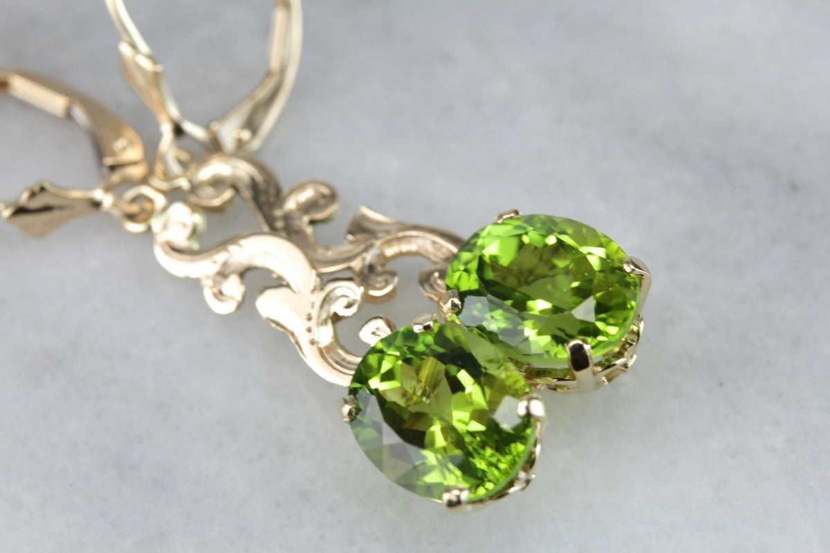 Scrolling Bright Green Peridot Drop Earrings