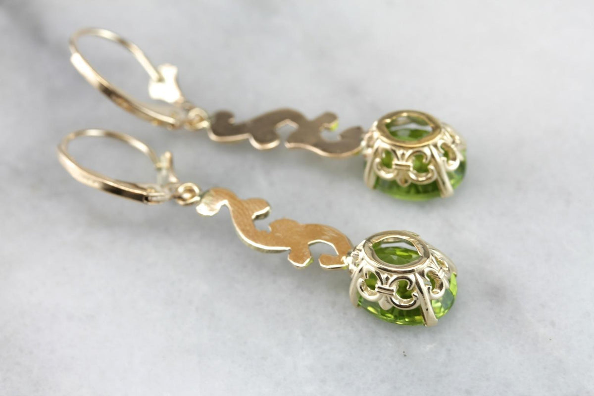 Scrolling Bright Green Peridot Drop Earrings