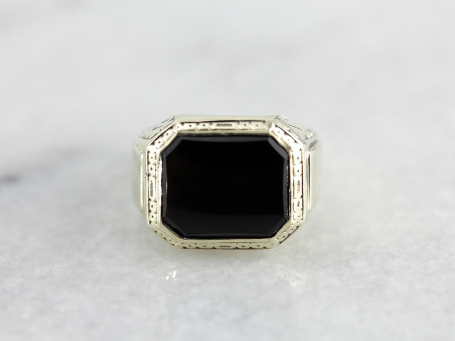 Muted Yellow Gold Art Deco Onyx Ring with Engraved Bezel