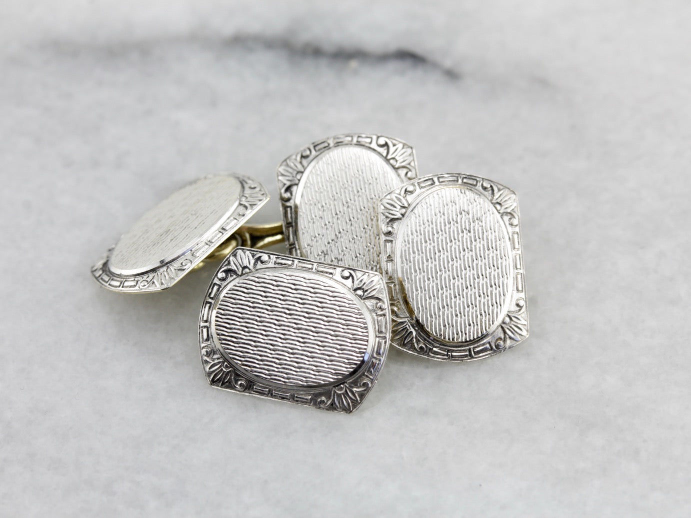 Wedding Day 1930's Etched Cufflinks in White and Green Gold