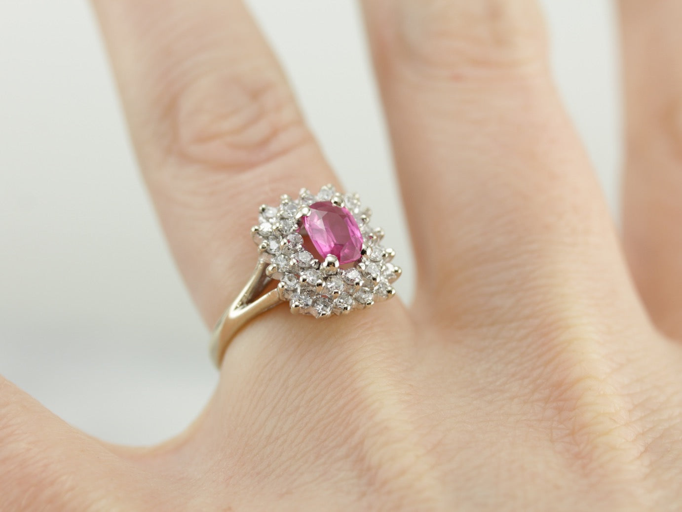 Pink Sapphire Double Halo Ring in White Gold