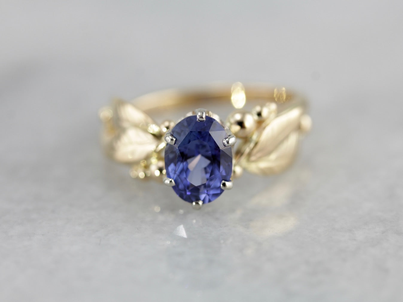 Indigo Sapphire Gemstone Ring set in a Vintage Leaf and Berry, Botanical Themed Setting