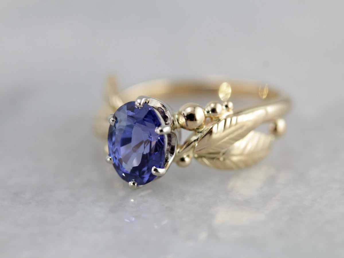 Indigo Sapphire Gemstone Ring set in a Vintage Leaf and Berry, Botanical Themed Setting