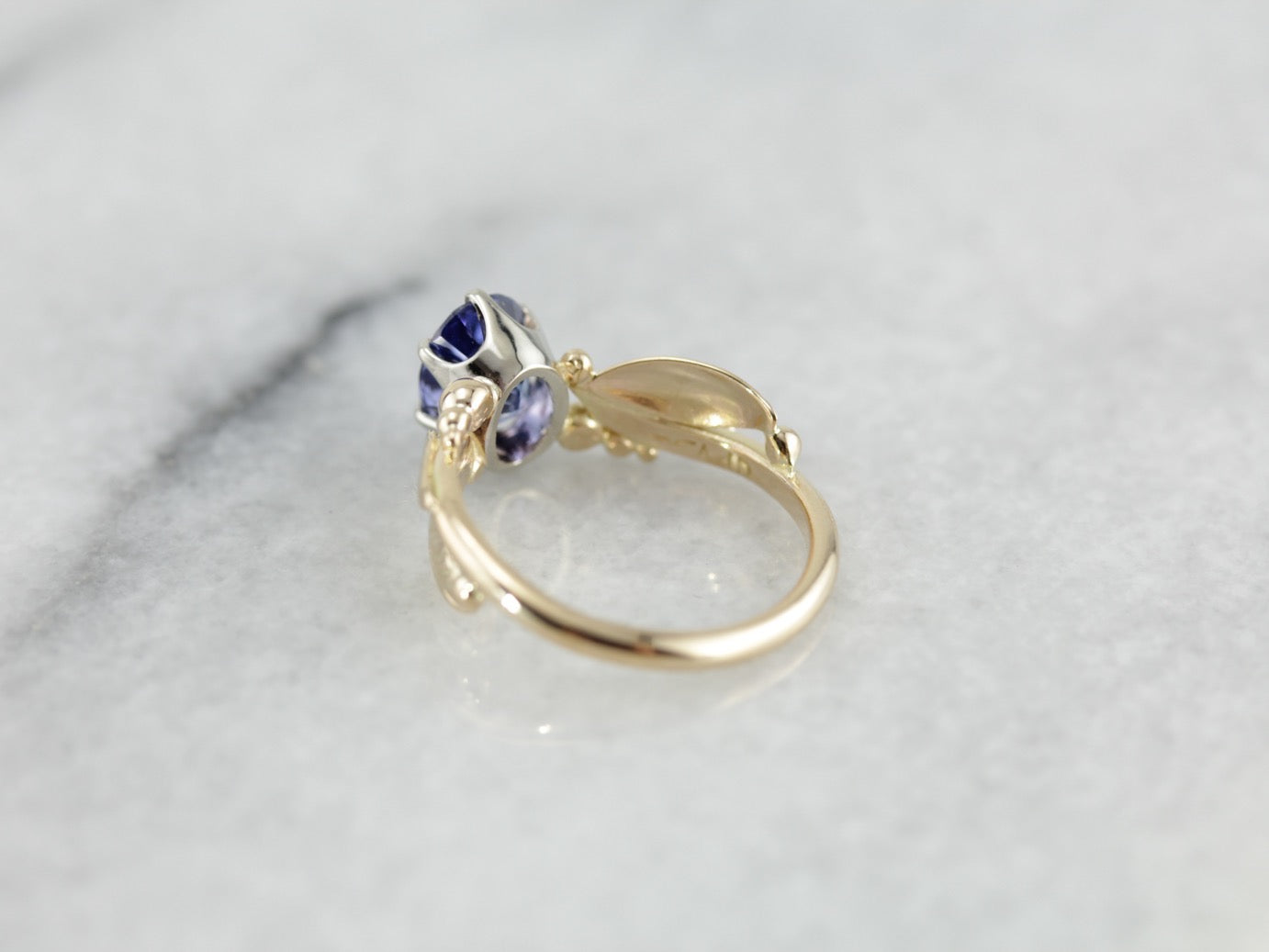 Indigo Sapphire Gemstone Ring set in a Vintage Leaf and Berry, Botanical Themed Setting