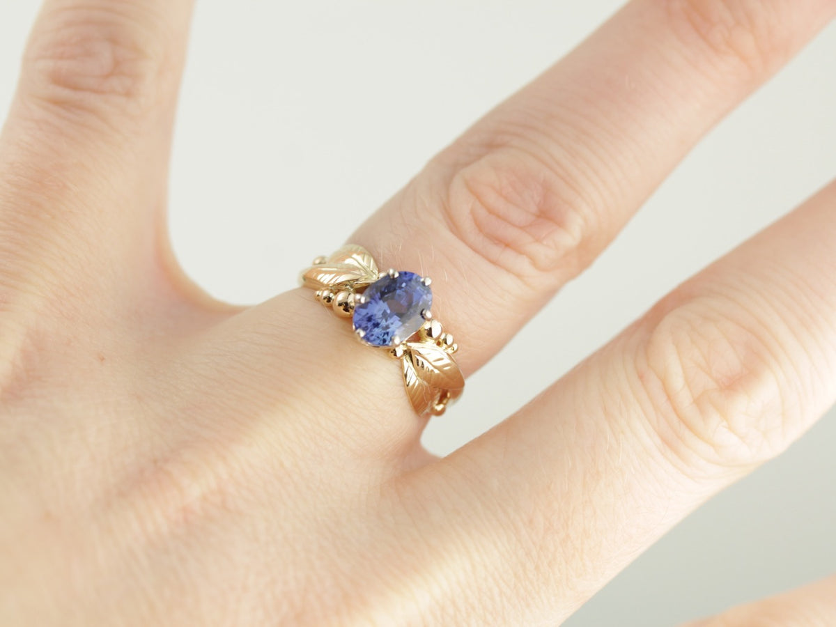 Indigo Sapphire Gemstone Ring set in a Vintage Leaf and Berry, Botanical Themed Setting