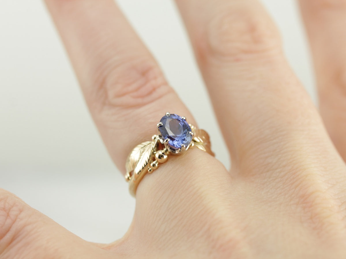 Indigo Sapphire Gemstone Ring set in a Vintage Leaf and Berry, Botanical Themed Setting