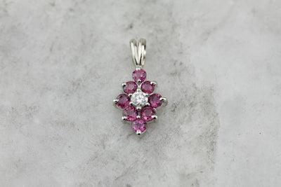 Diamond and Ruby, Rich Pink Halo Layering Pendant in White Gold