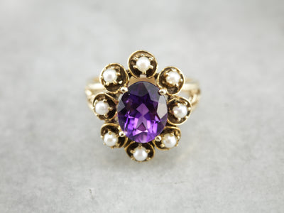 Unique Amethyst and Pearl Halo Cocktail Ring