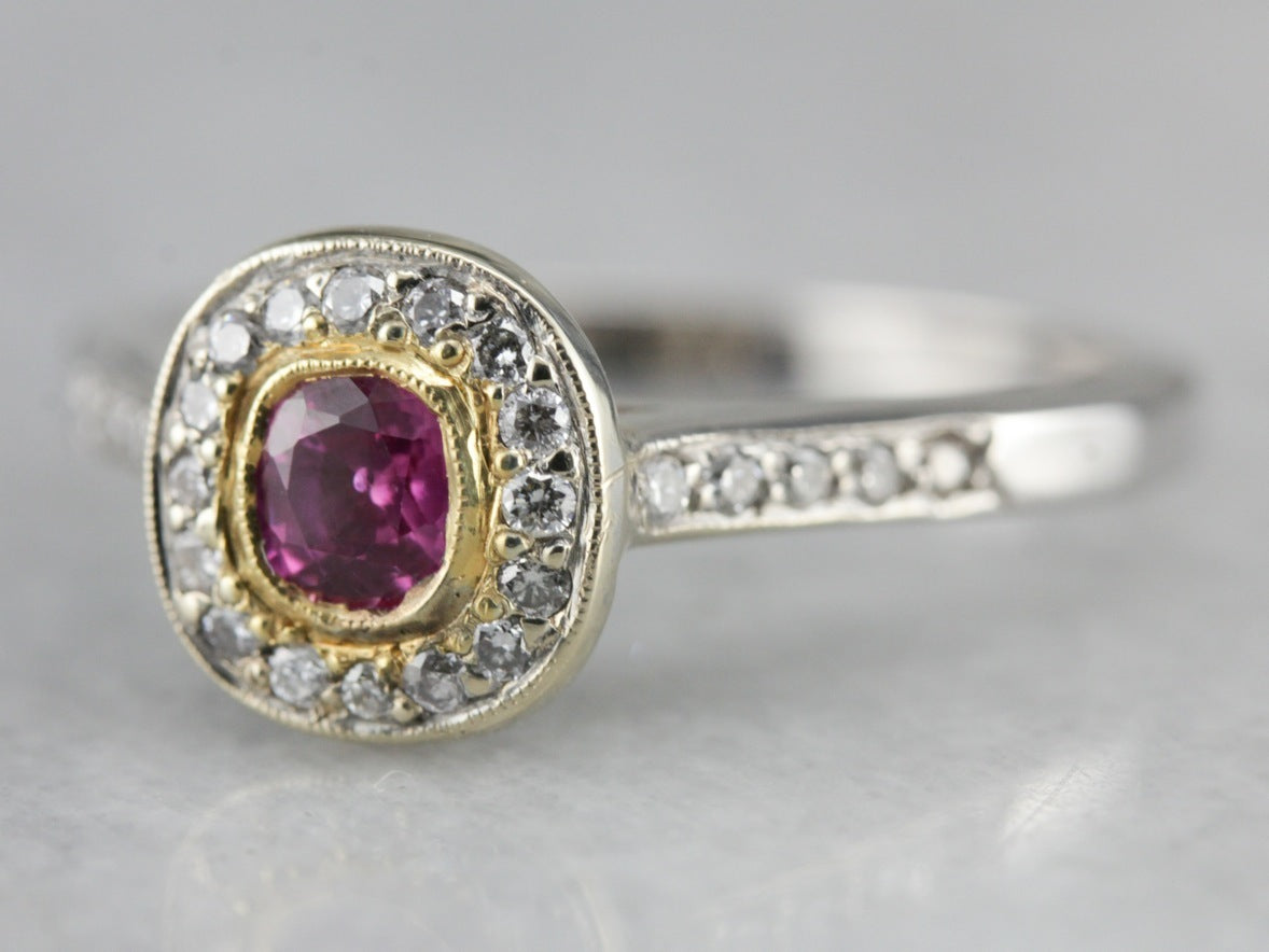 Modern Pink Sapphire and Halo Engagement Ring