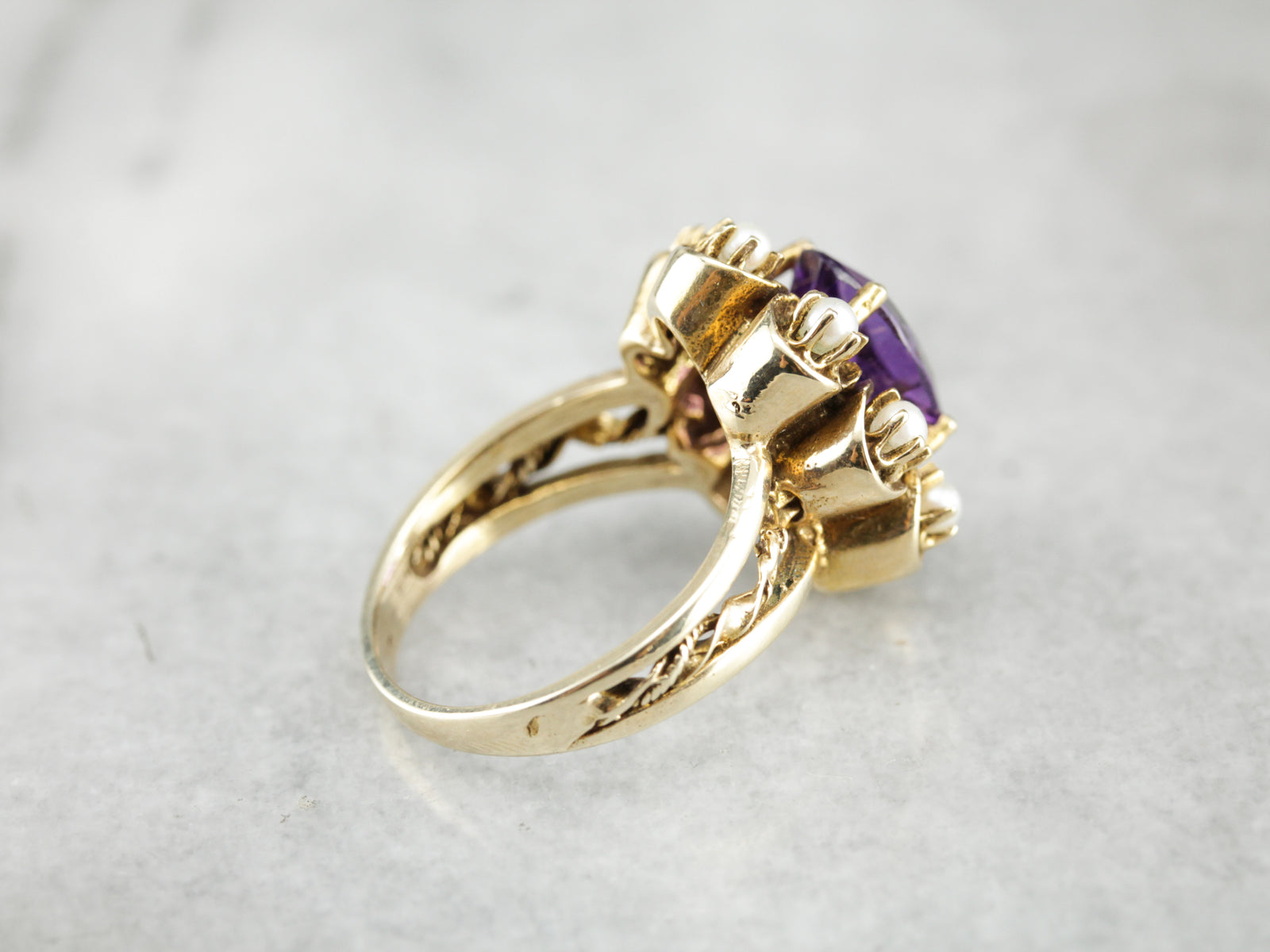 Unique Amethyst and Pearl Halo Cocktail Ring