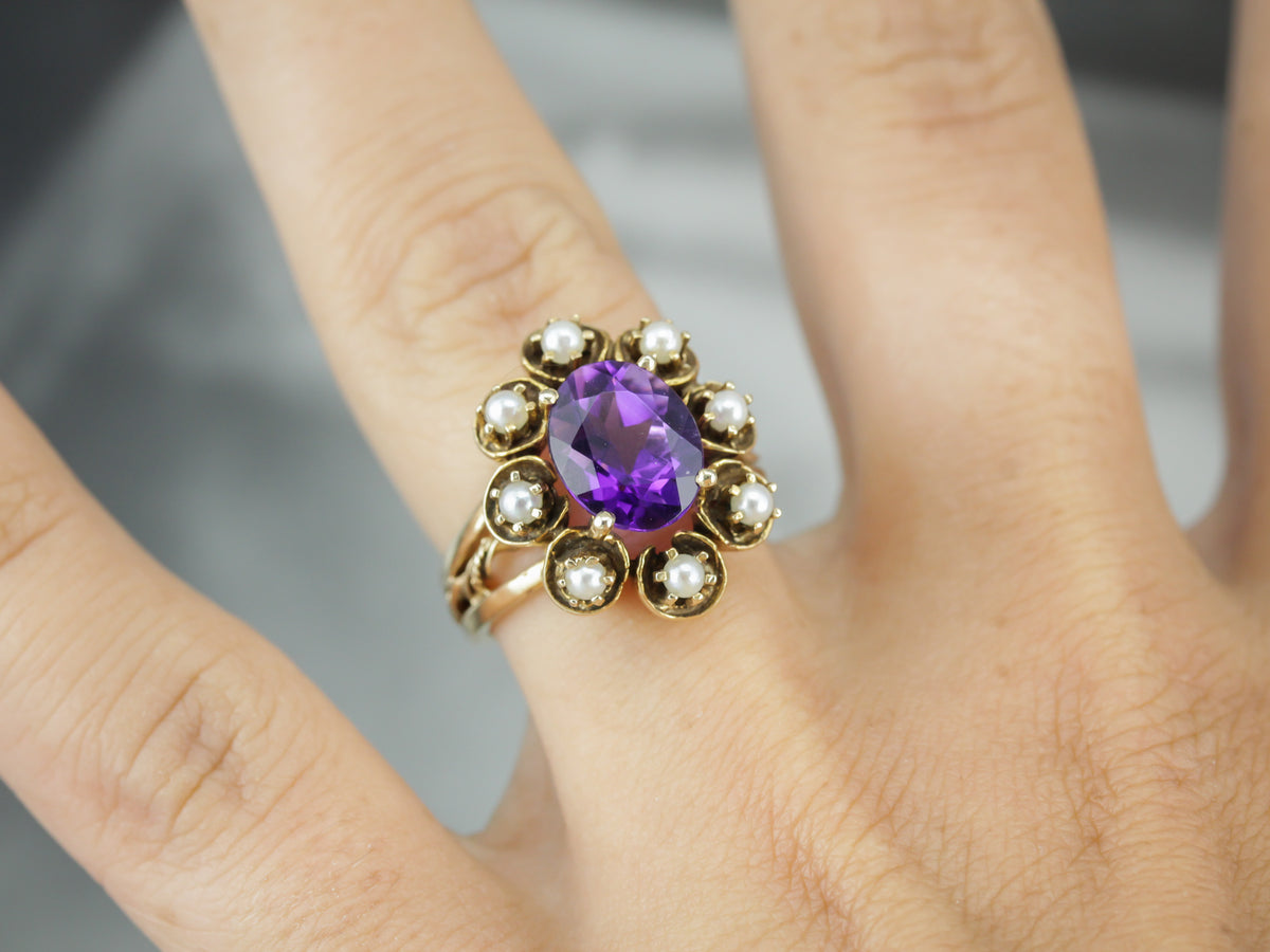 Unique Amethyst and Pearl Halo Cocktail Ring