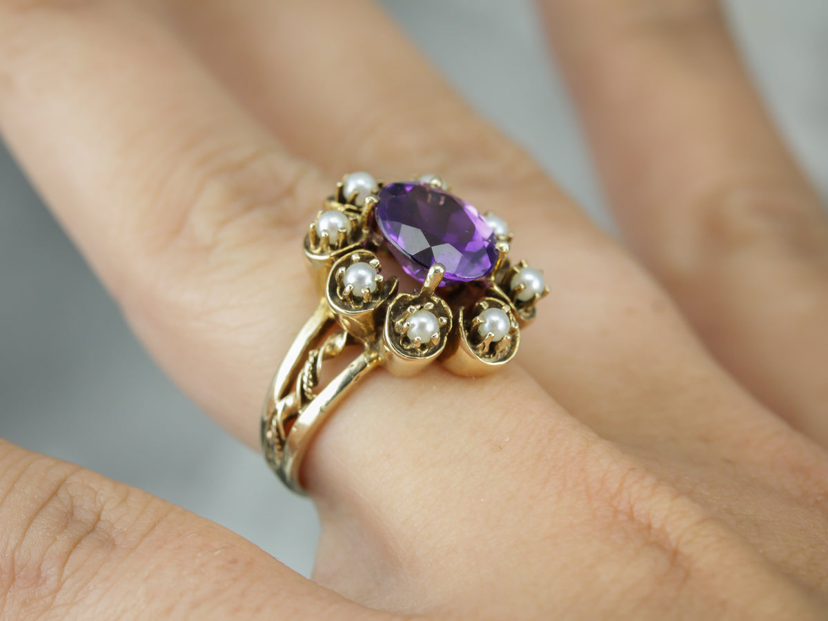 Unique Amethyst and Pearl Halo Cocktail Ring