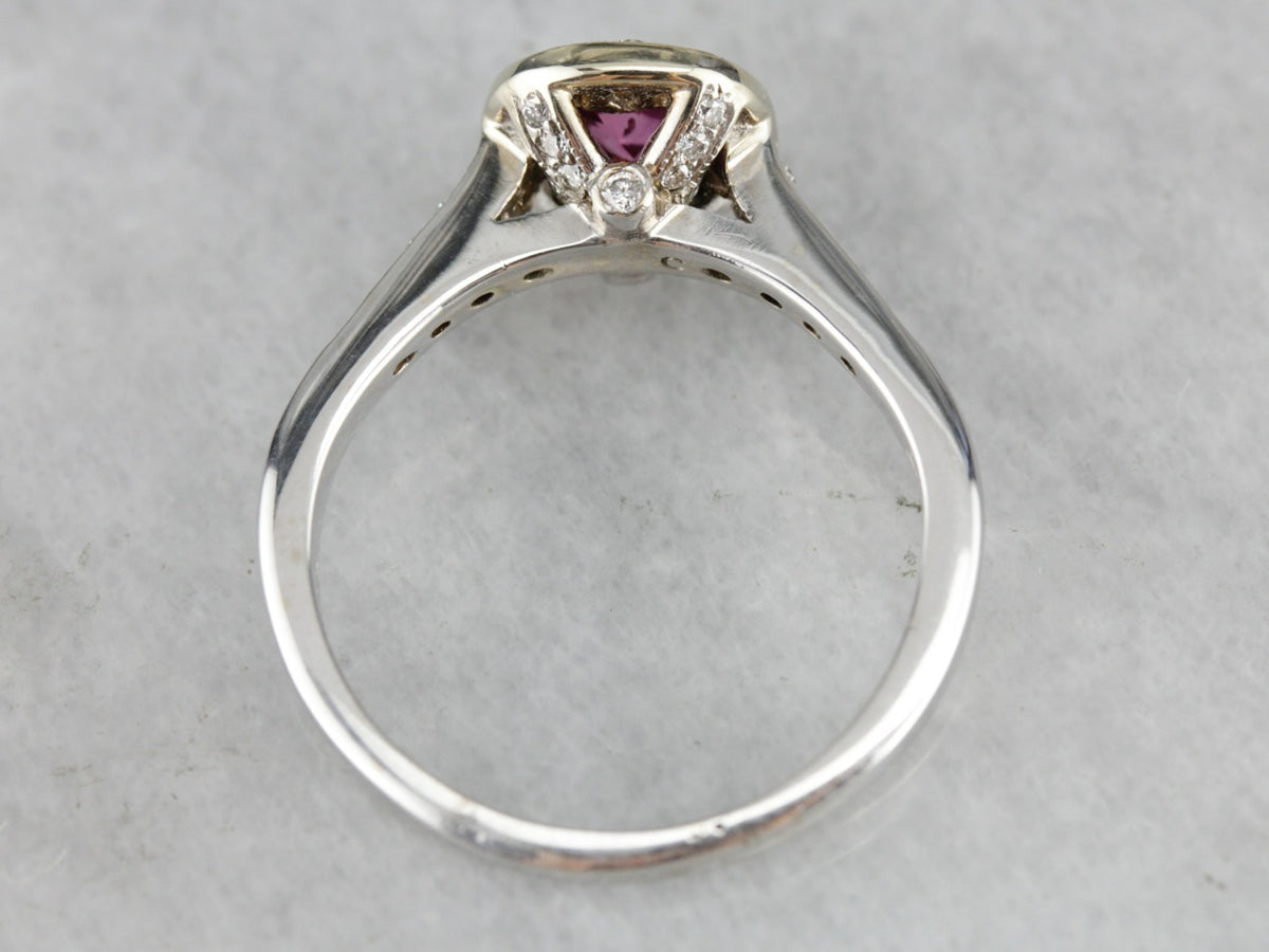 Modern Pink Sapphire and Halo Engagement Ring