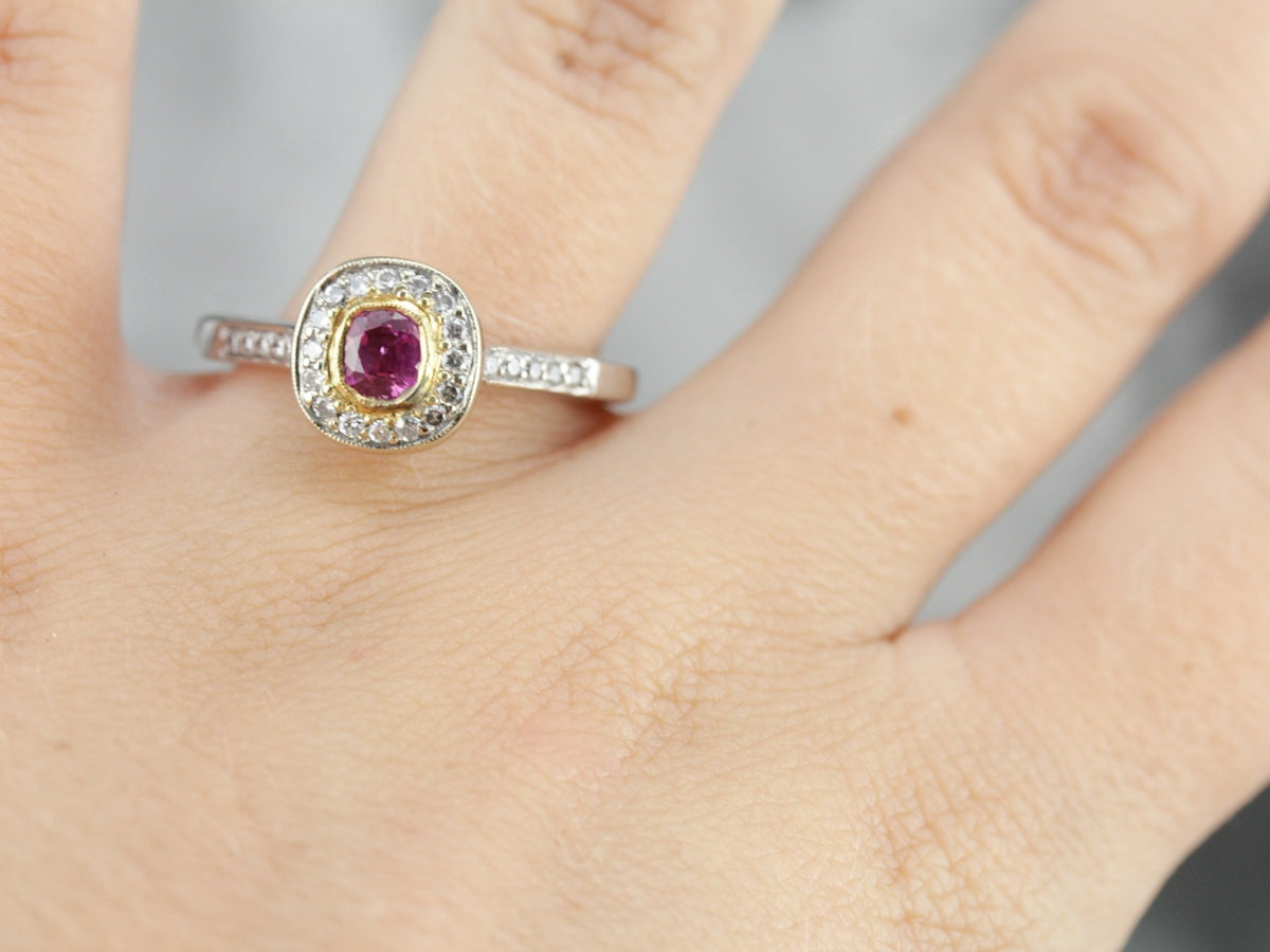 Modern Pink Sapphire and Halo Engagement Ring