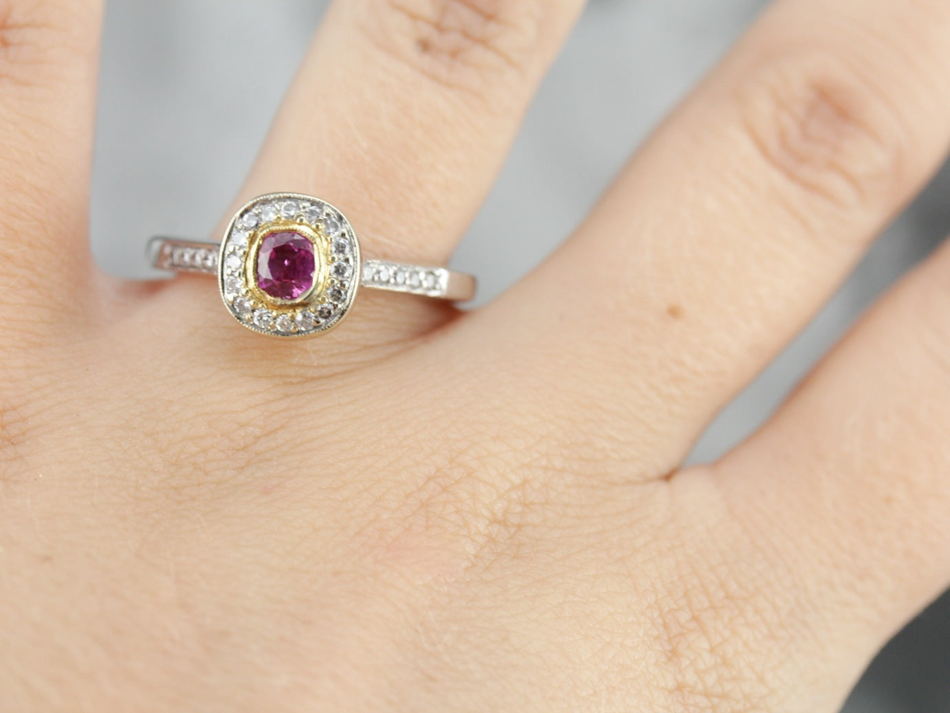 Modern Pink Sapphire and Halo Engagement Ring