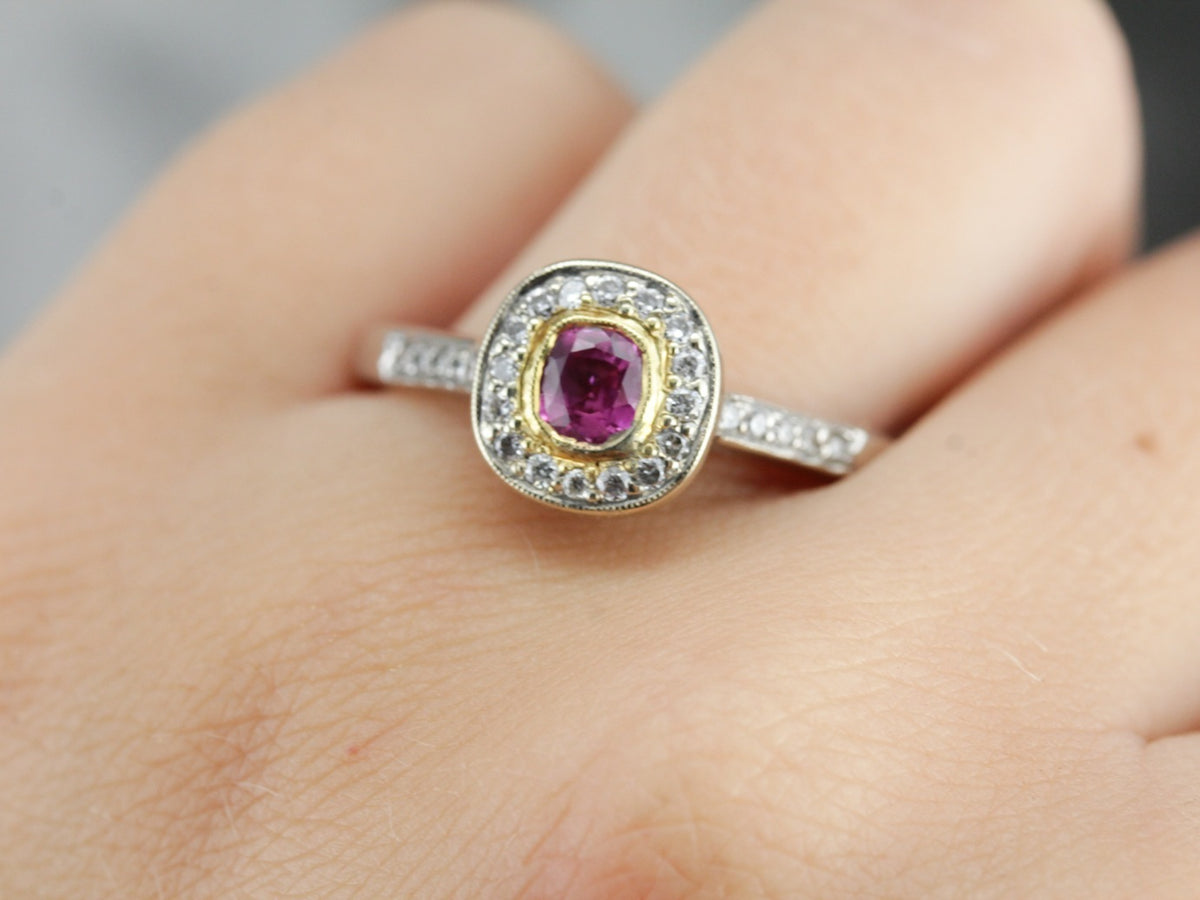 Modern Pink Sapphire and Halo Engagement Ring