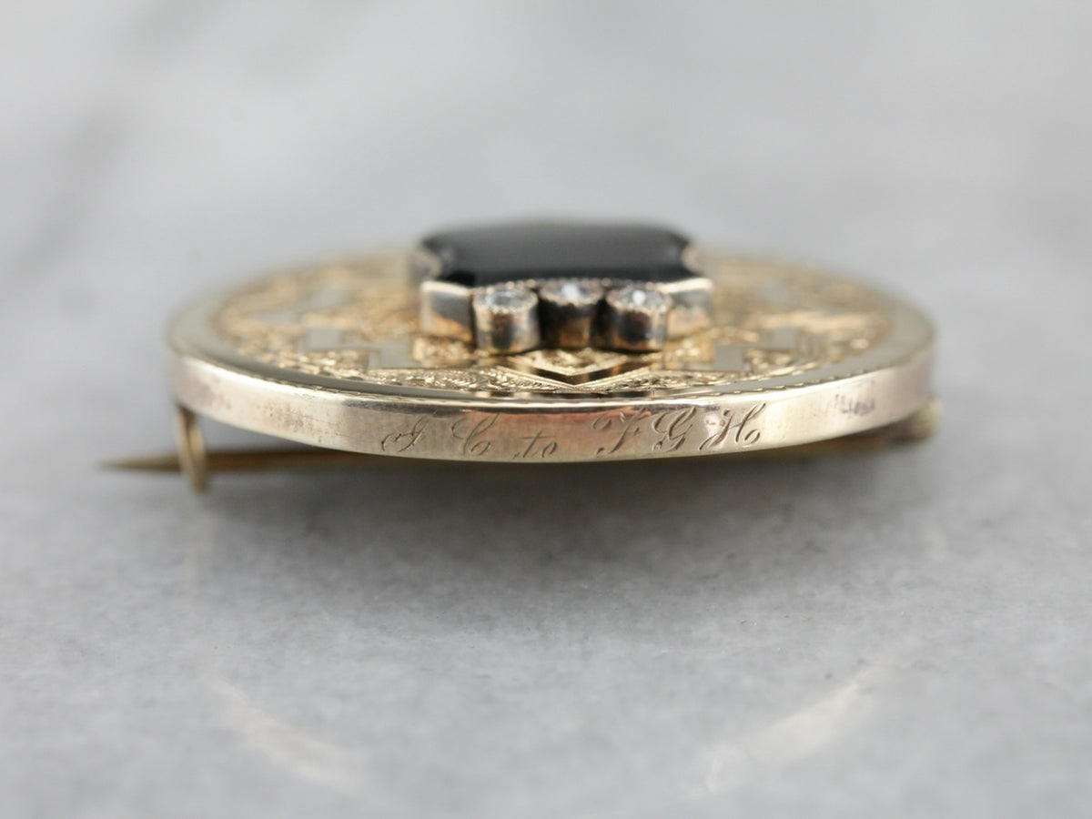 Onyx Diamond and Gold Victorian Pendant or Brooch