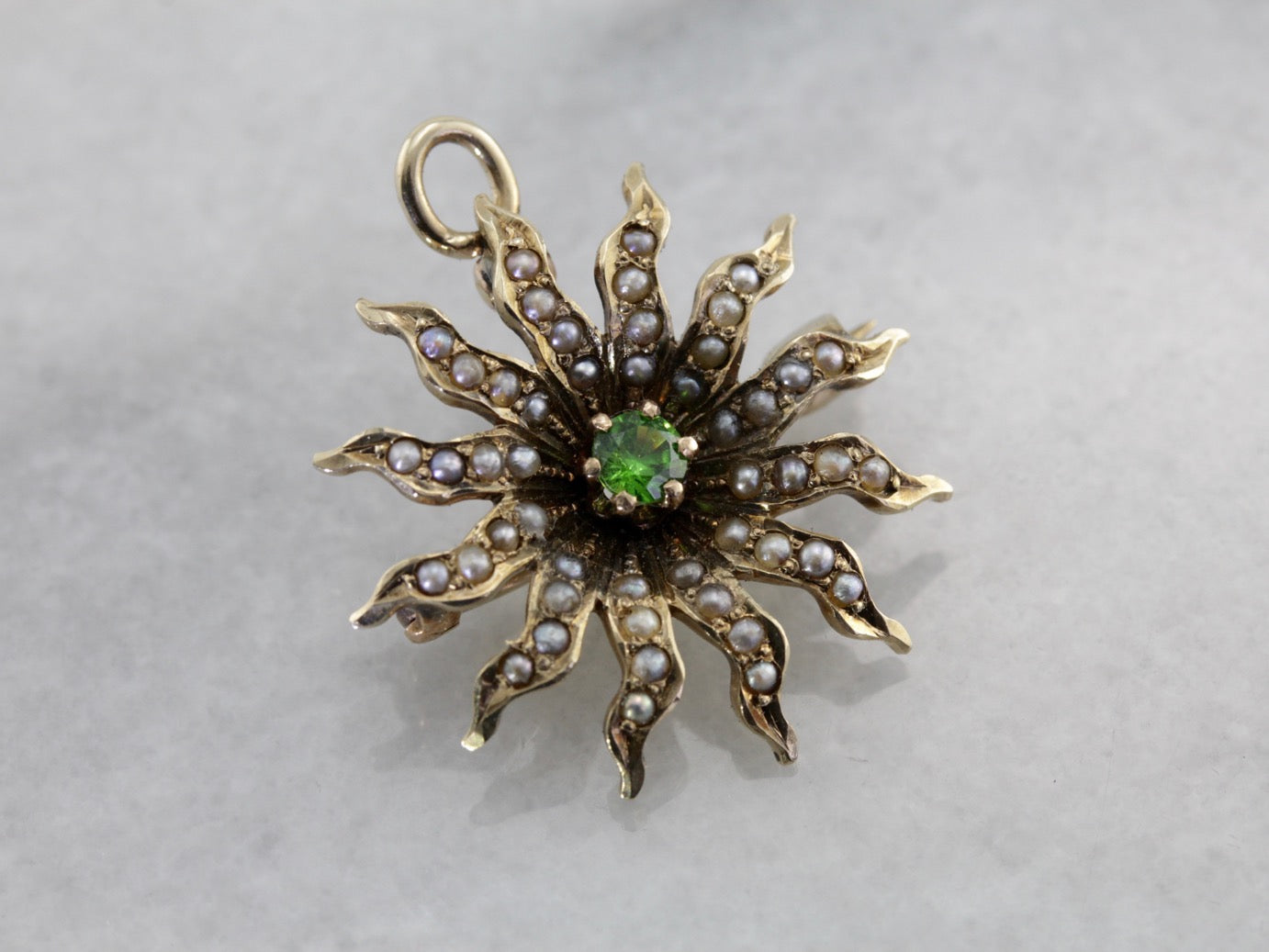 Antique Seed Pearl Sunburst Pin or Pendant with Demantoid Garnet Center