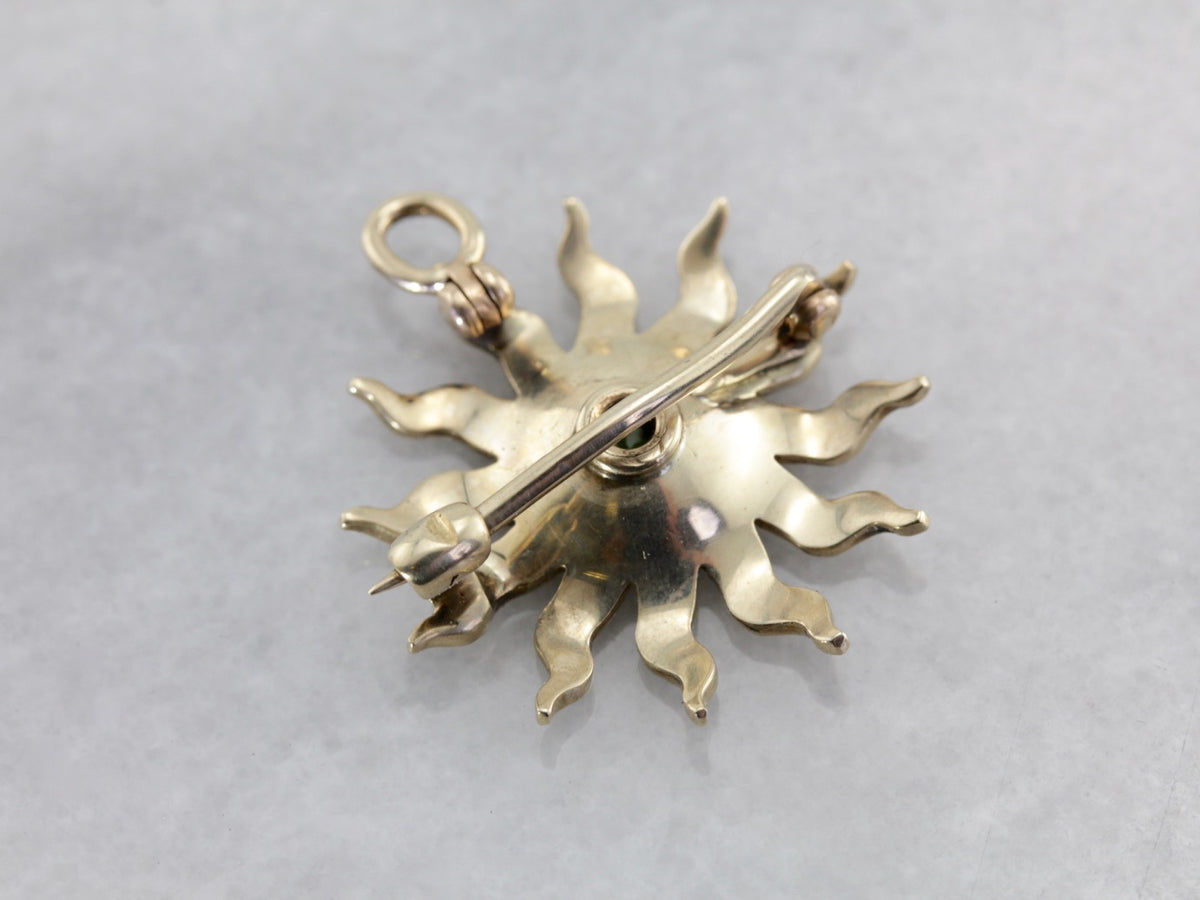 Antique Seed Pearl Sunburst Pin or Pendant with Demantoid Garnet Center