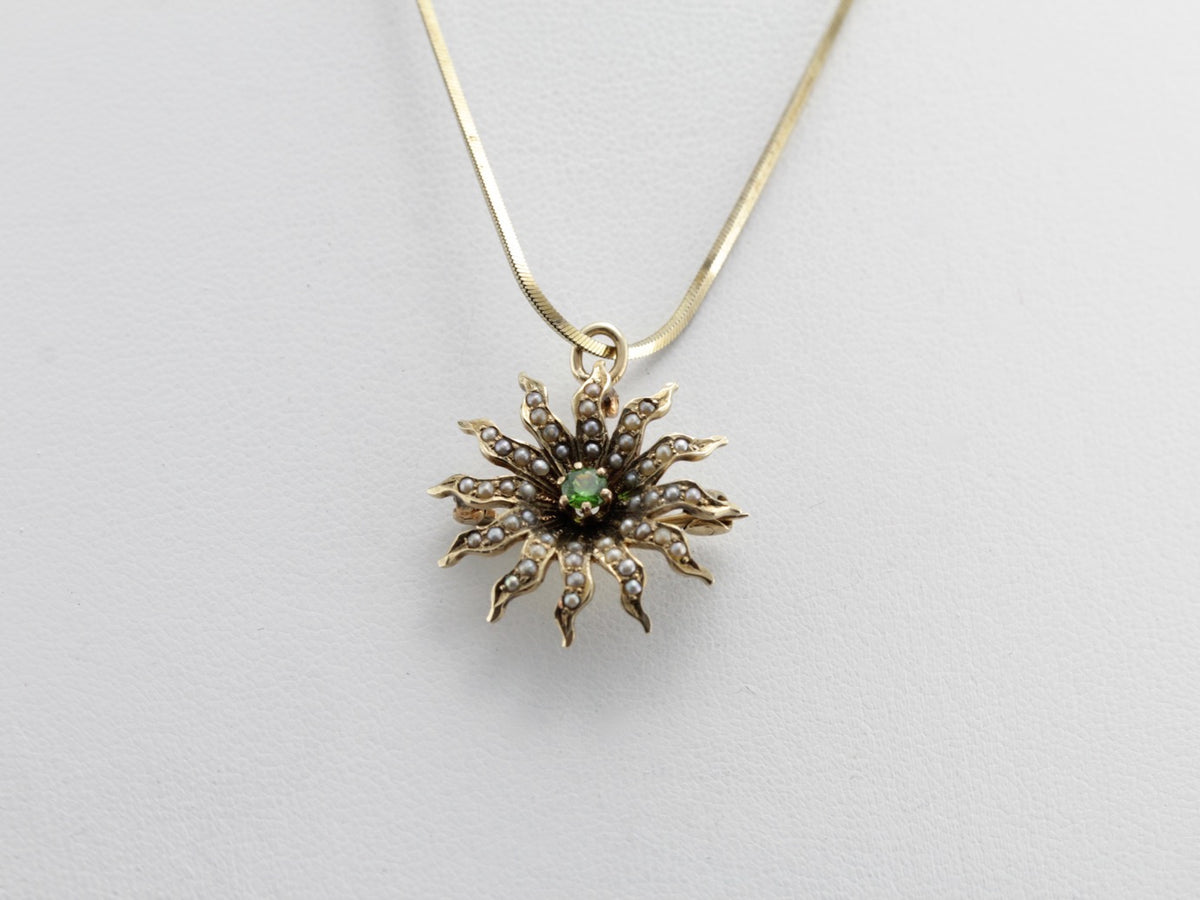 Antique Seed Pearl Sunburst Pin or Pendant with Demantoid Garnet Center