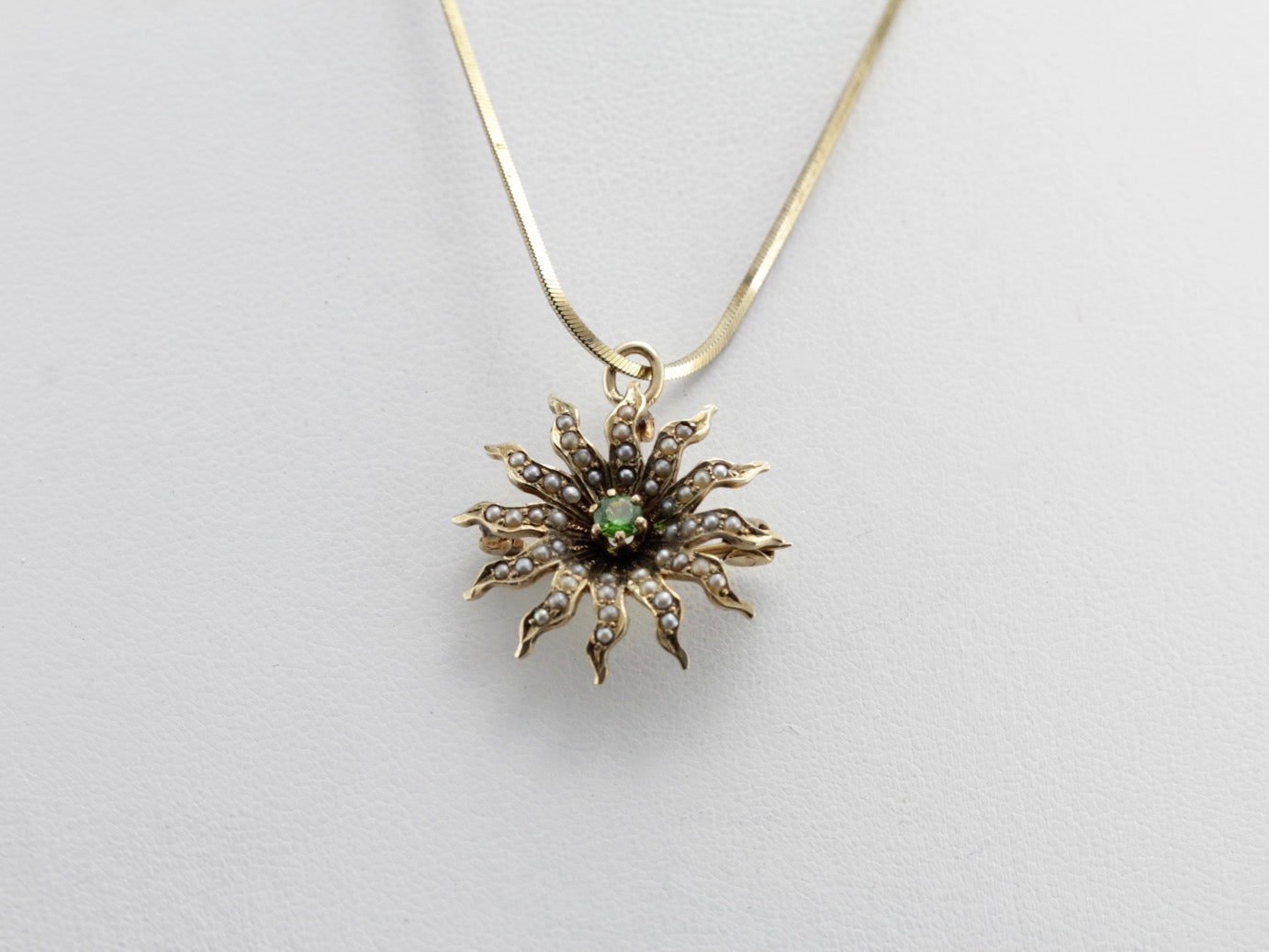 Antique Seed Pearl Sunburst Pin or Pendant with Demantoid Garnet Center