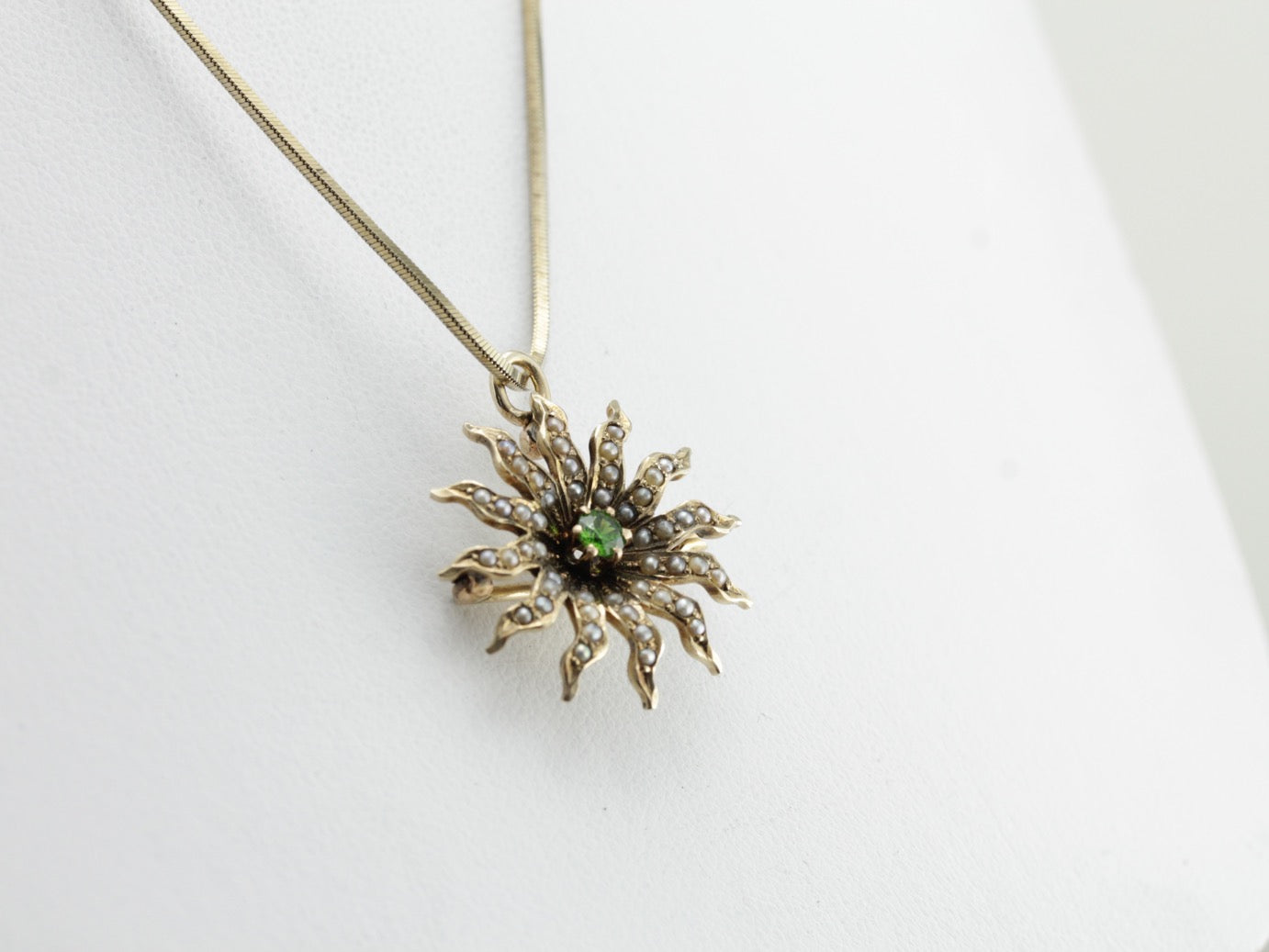 Antique Seed Pearl Sunburst Pin or Pendant with Demantoid Garnet Center