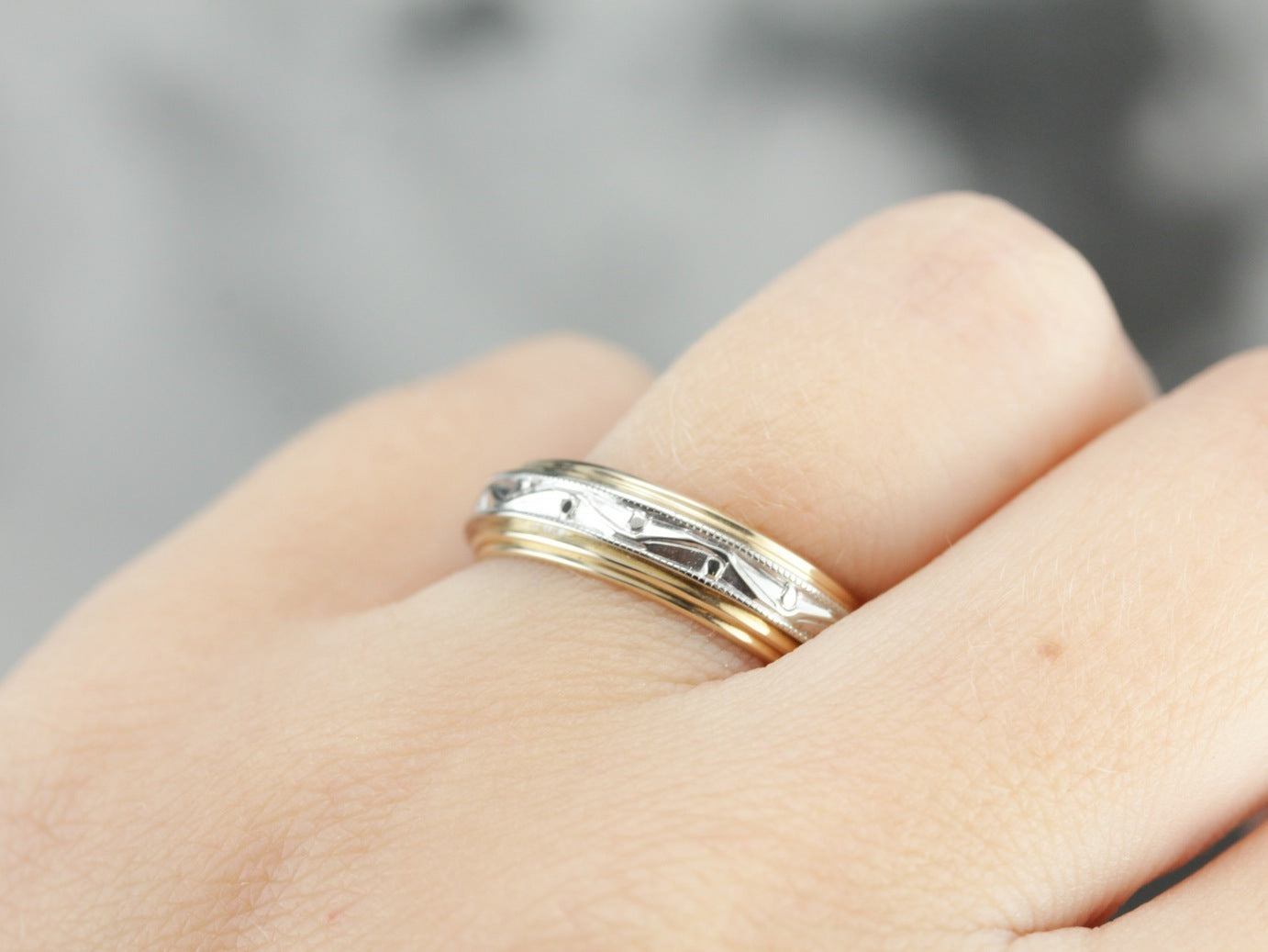 Metal Patterned Rings Mixed Metal Wedding Ring, Patterned Band - Market Square Jewelers