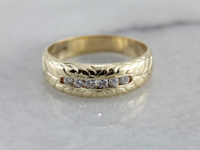 Handsome Unisex Diamond Wedding Band with Hand Engraved Pattern
