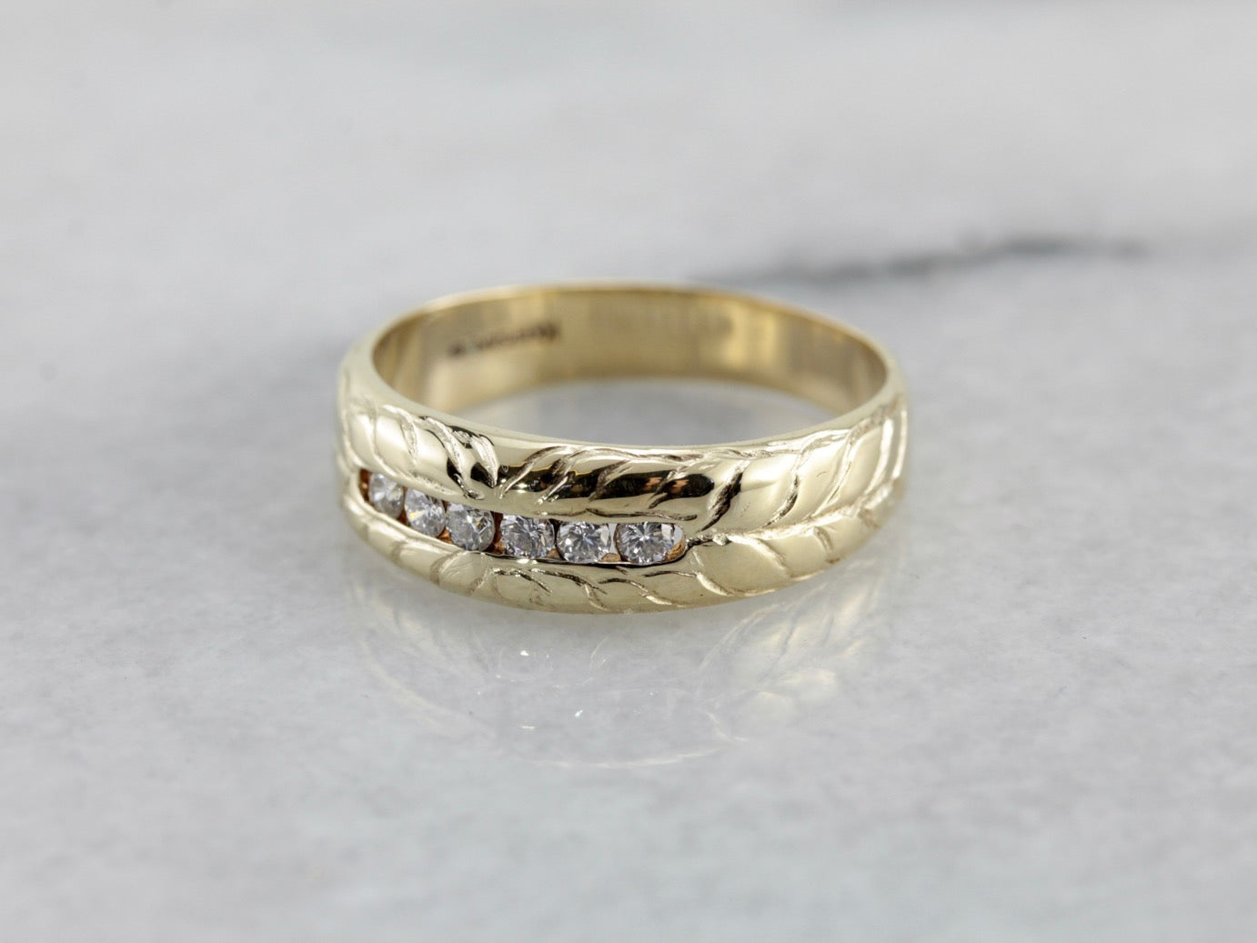 Handsome Unisex Diamond Wedding Band with Hand Engraved Pattern